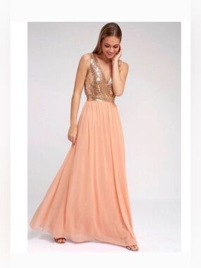 NEW Lulus Dress Rose Gold Deep V “plunge” Sequin Prom Event Maxi.